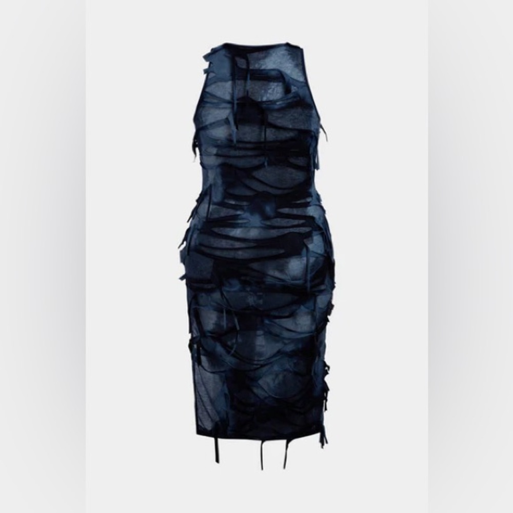 Sleek Navy Sheer Layered Midi Dress. Size is most likely S-M